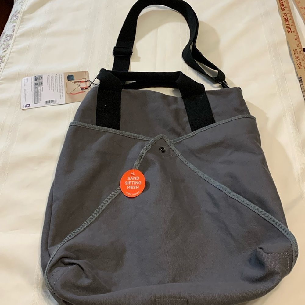 Quirky Large Gray canvas water repellent Beach Bag w/sand sifting mesh bottom.